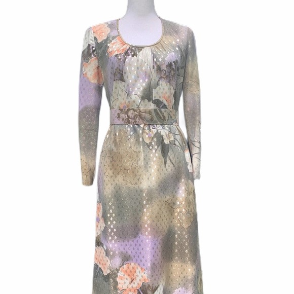 VINTAGE 70’s Belted Floral Maxi Gown Metallic Dot - Picture 9 of 15